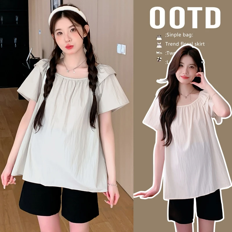 夏装2024孕妇新款雪纺中长款宽松上衣韩版百搭短袖孕妇装