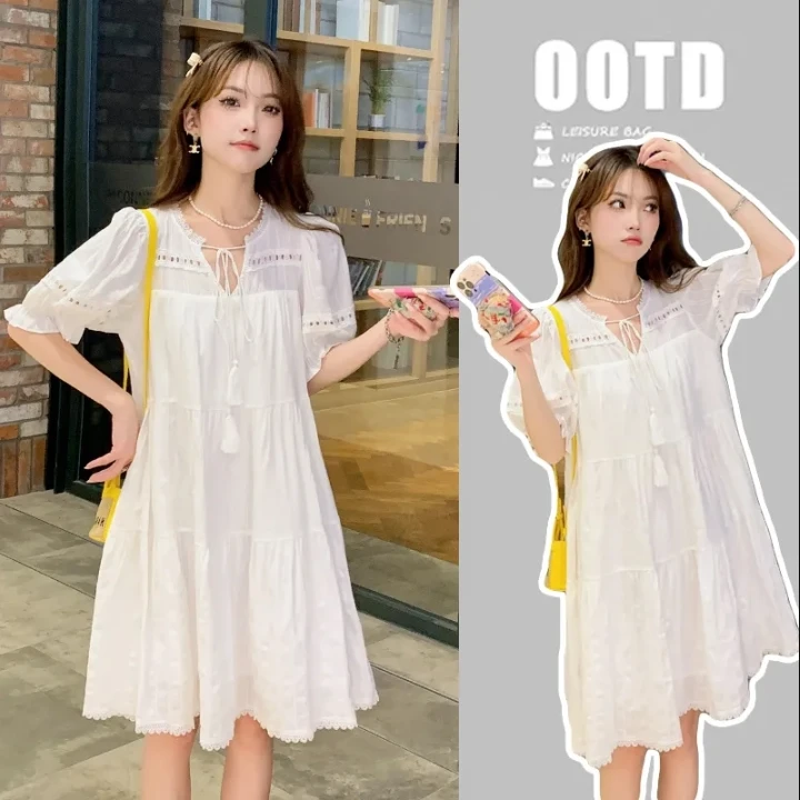 小个子V领蕾丝孕妇连衣裙法式提花系带减龄孕期A字连衣裙外穿夏装