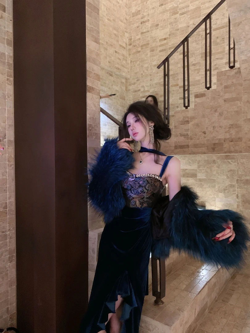 【雅乔定制】孔雀仙子 提花丝绒吊带连衣裙DYYK-24092023