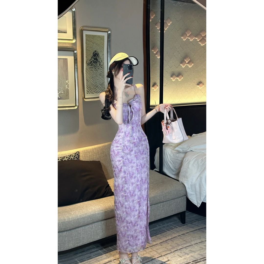 【雅乔定制】葡萄紫紫 亮丝雪纺吊带连衣裙DYLL-23106158