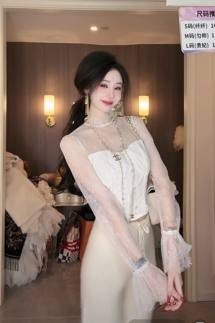 【雅乔定制】丝绒拼接蕾丝上衣洋气小衫DYCC-24098050