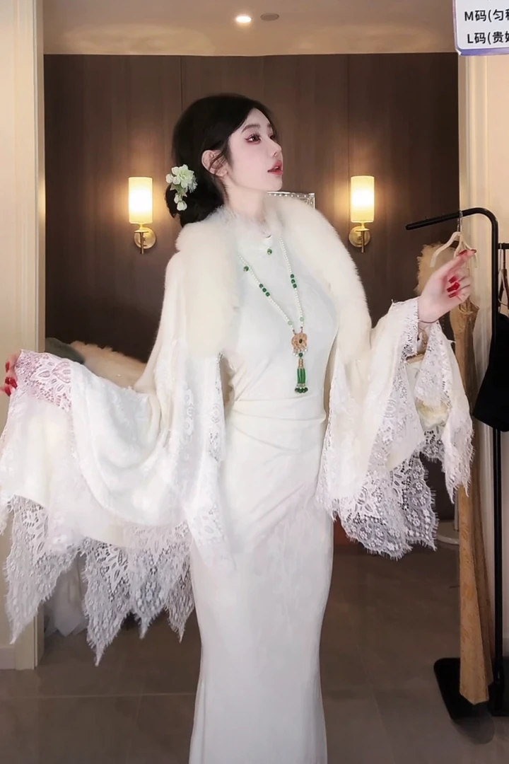 【雅乔定制】暗香 狐狸毛花边披肩针织外套DYTH-24073556