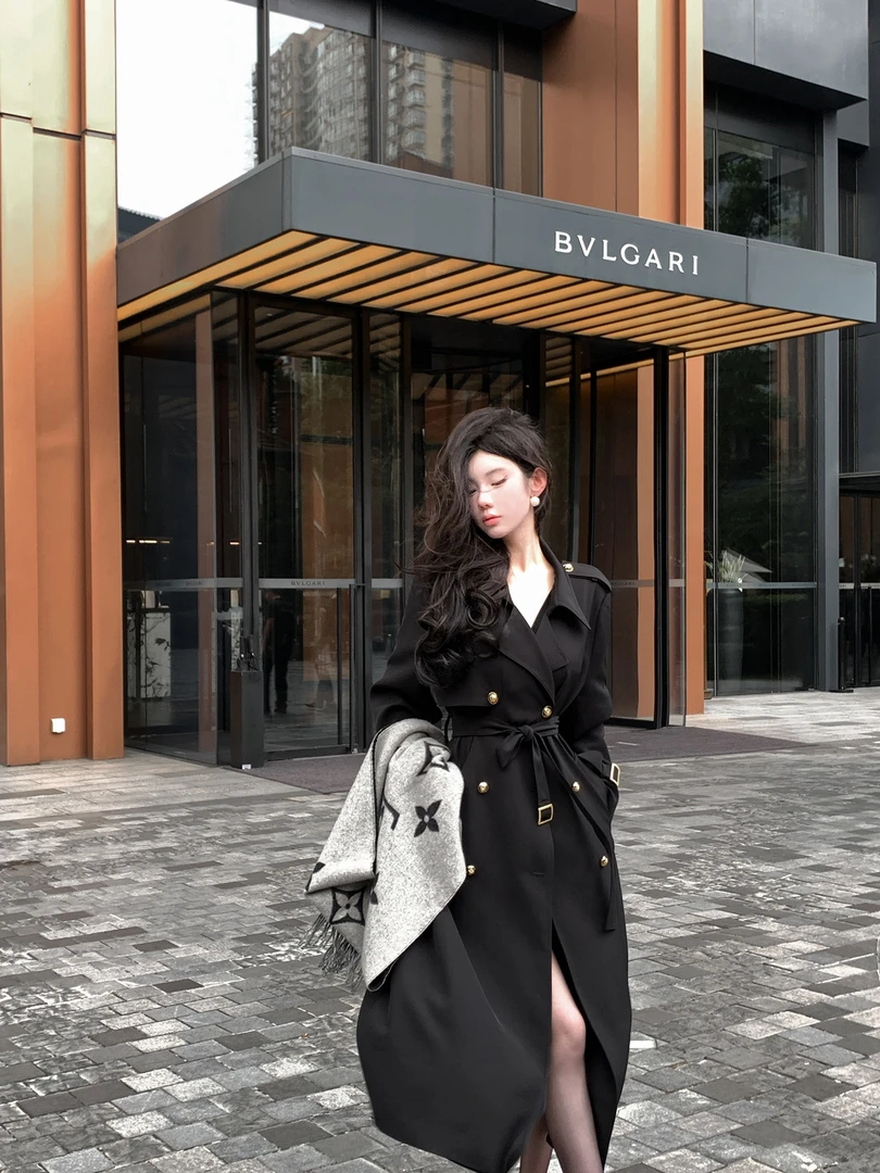 【雅乔定制】千颂伊 时尚百搭黑色长款双排扣风衣外套DYZY-24067270