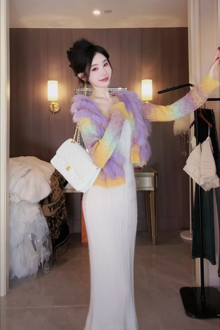 【雅乔定制】蜜桃霜草系列 彩色狐狸毛针织毛衣外套DYJJ-24090465