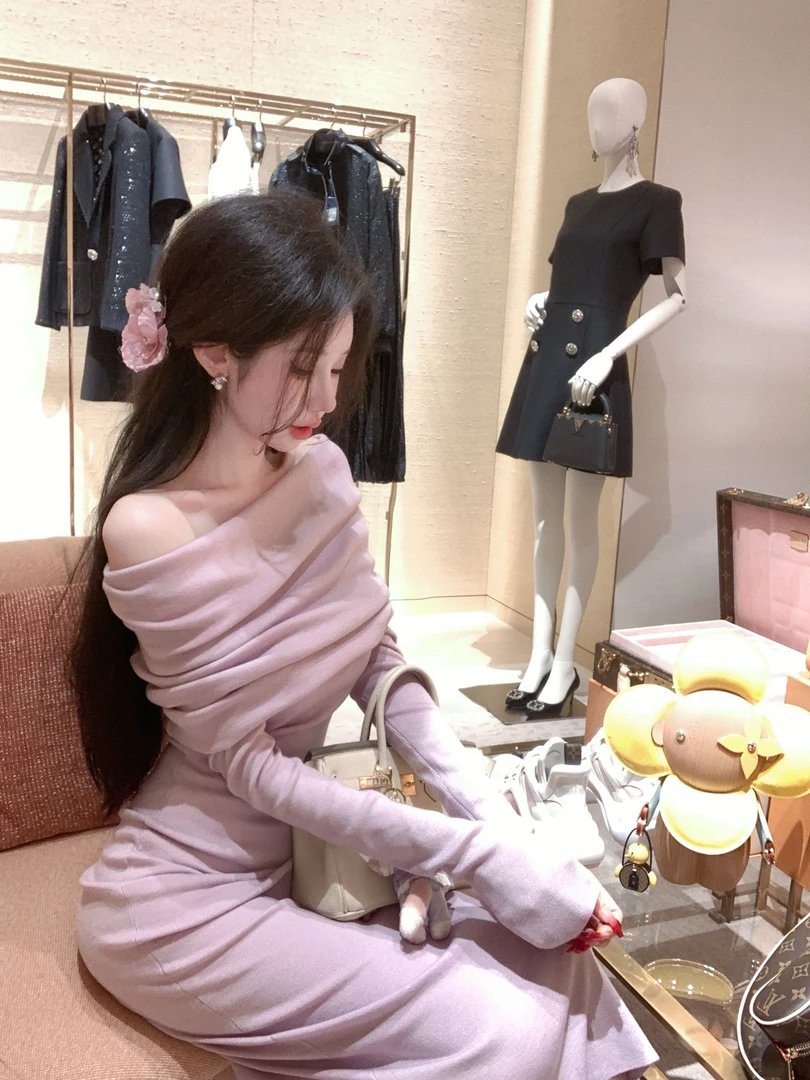 【雅乔定制】梦梦姐姐 一字肩长袖针织连衣裙DYJJ-24100549