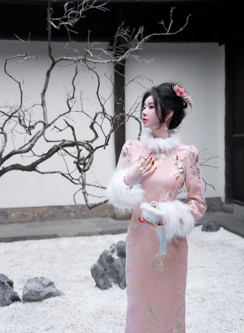 【雅乔定制】沁桃如意 粉色新中式国风提花旗袍裙DYYY-24095569