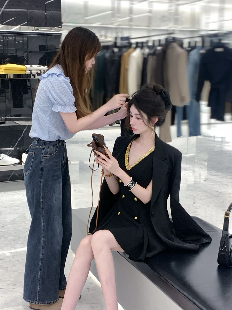 【雅乔定制】黑金秀场 V领无袖连衣裙DYZY-24087334