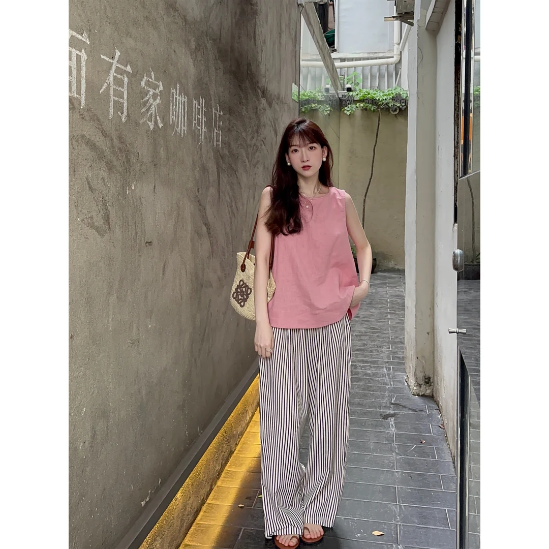 小冰涡 韩系棉麻宽松无袖小衫+休闲阔腿条纹裤