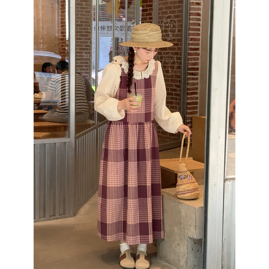 小冰涡 复古格纹拼接蕾丝背心裙