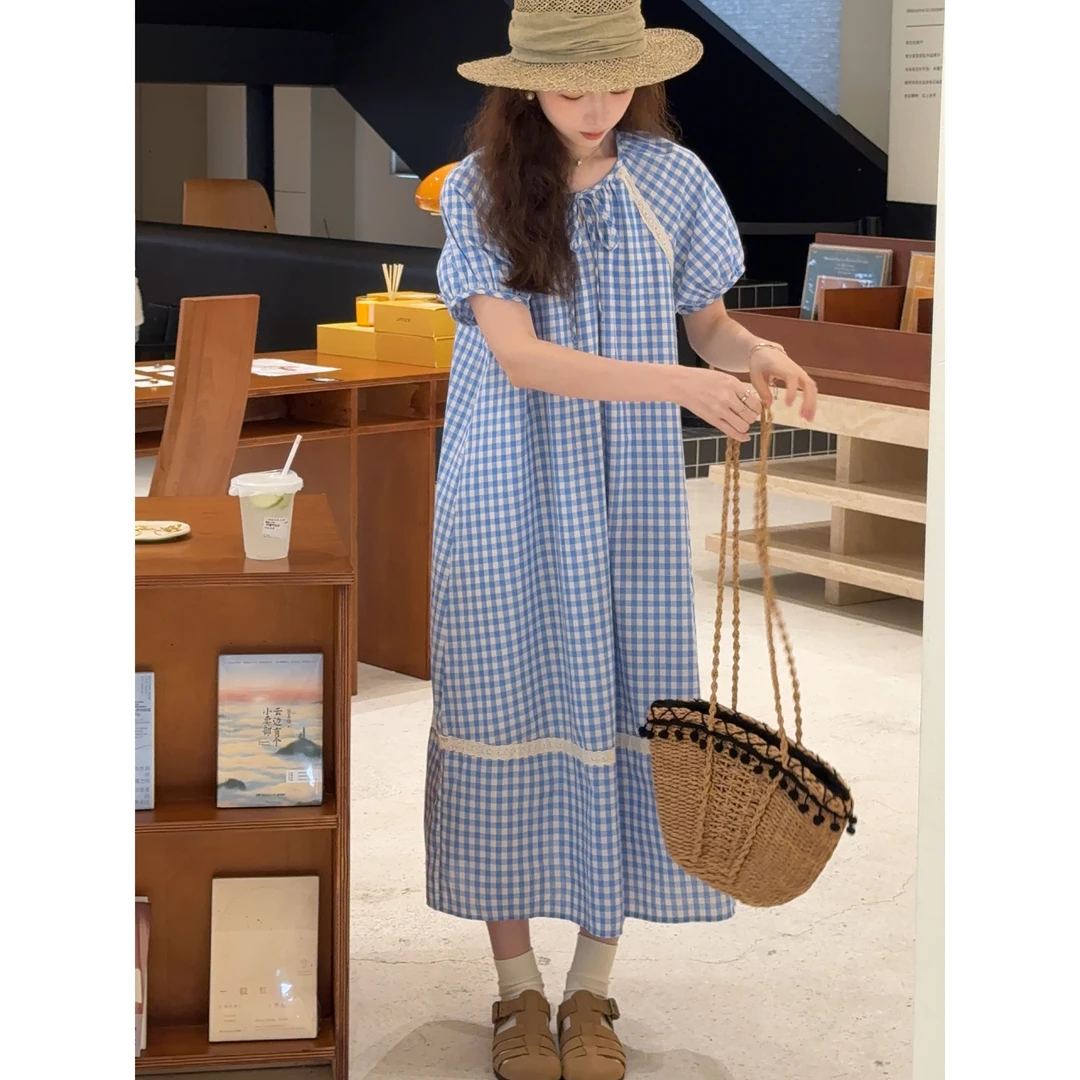 小冰涡 韩版拼接蕾丝格子连衣裙（配腰带）