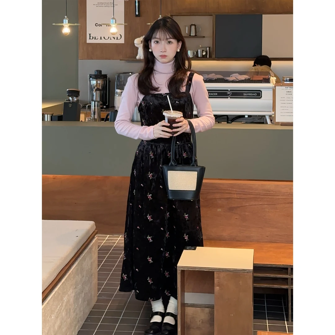 BING 韩系法式ins丝绒花朵吊带连衣裙（no退no换）