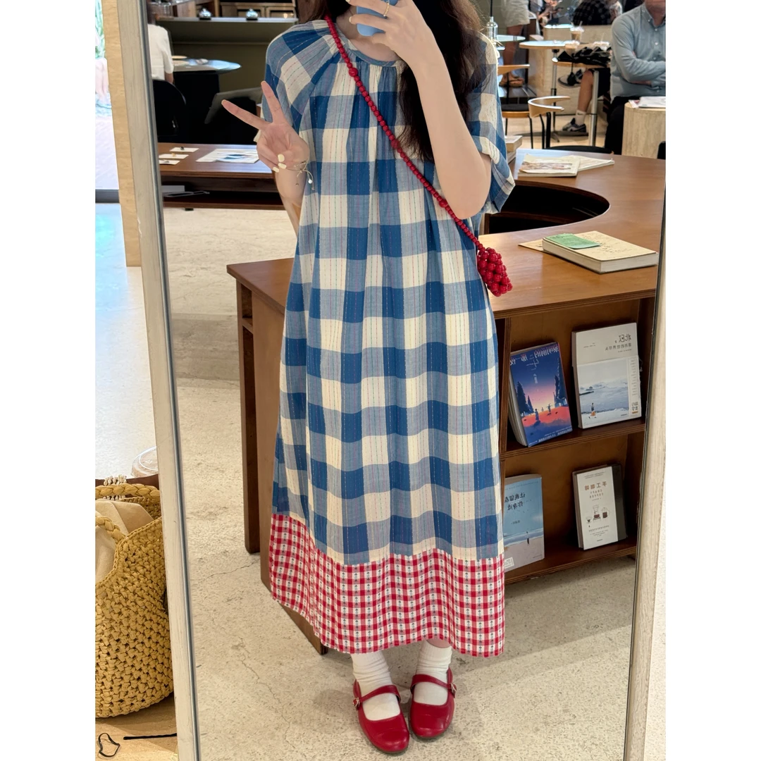 小冰涡 日系复古色织棉绿格纹蓝格纹拼接连衣裙