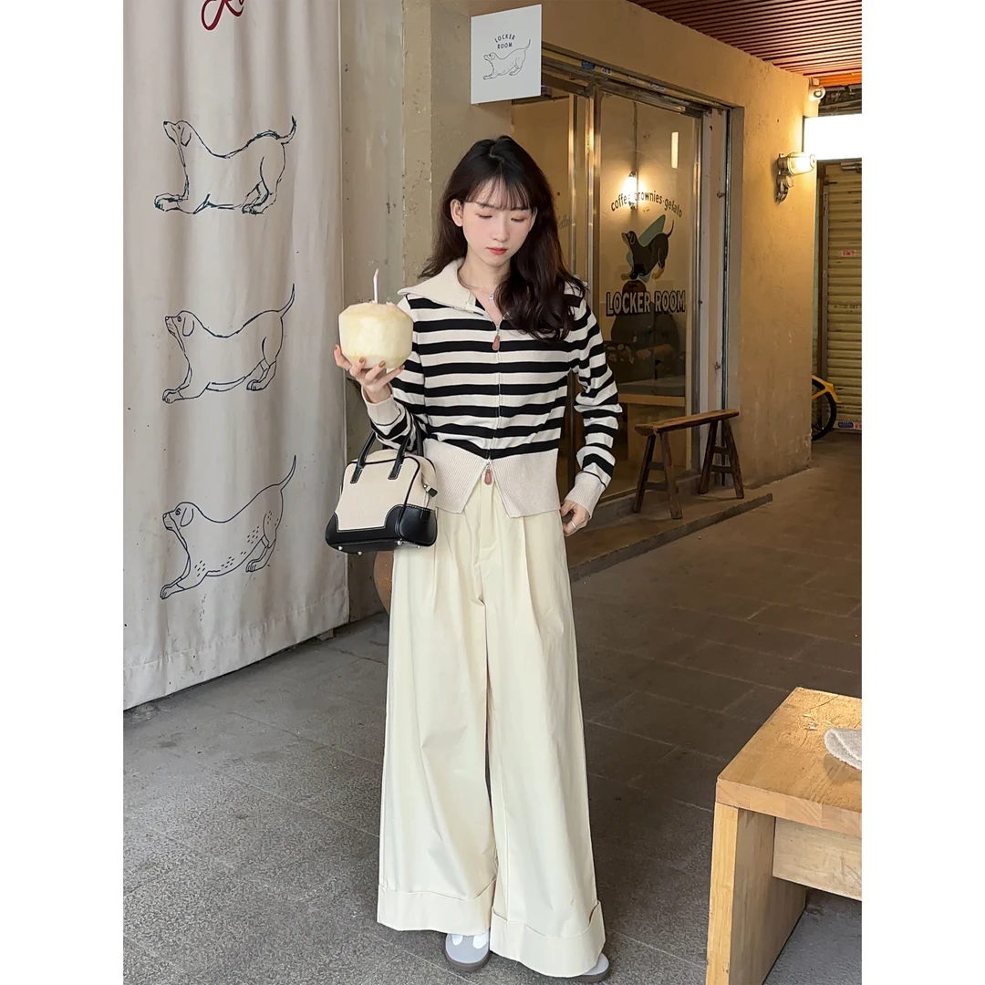 BING 韩版百搭高腰松紧卷边休闲裤