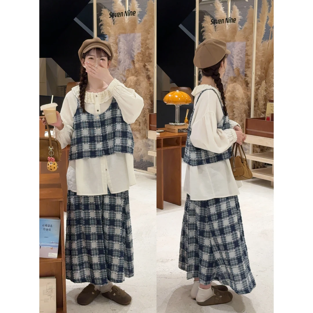 小冰涡 复古撞色格子提花吊带+半身裙两件套