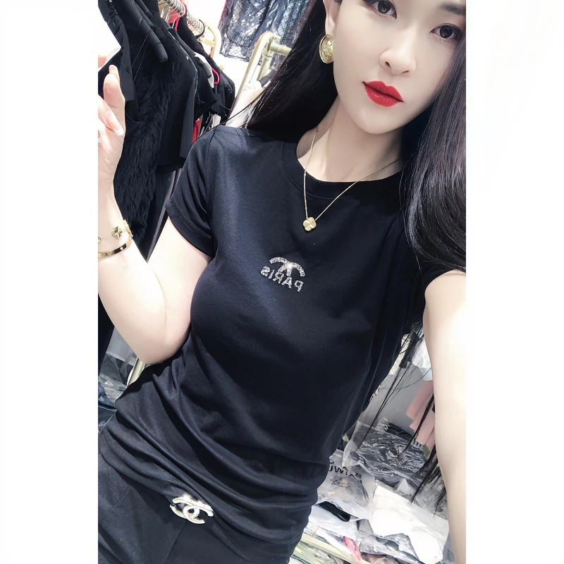 欧洲站夏装新款欧货字母烫钻T恤女短袖修身圆领显瘦上衣洋气小衫