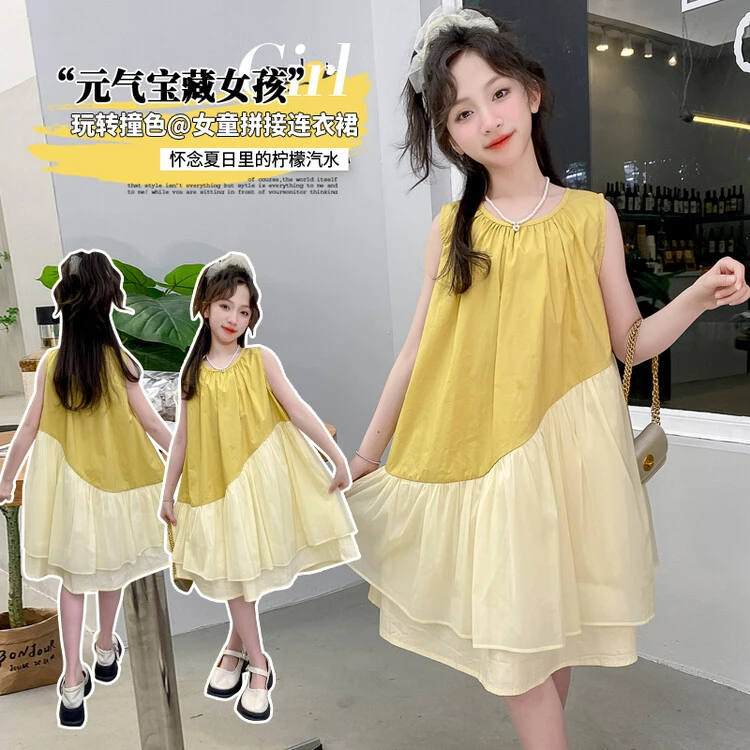 女童夏日连衣裙2024新中大童儿童撞色洋气网红韩版夏季女孩公主裙