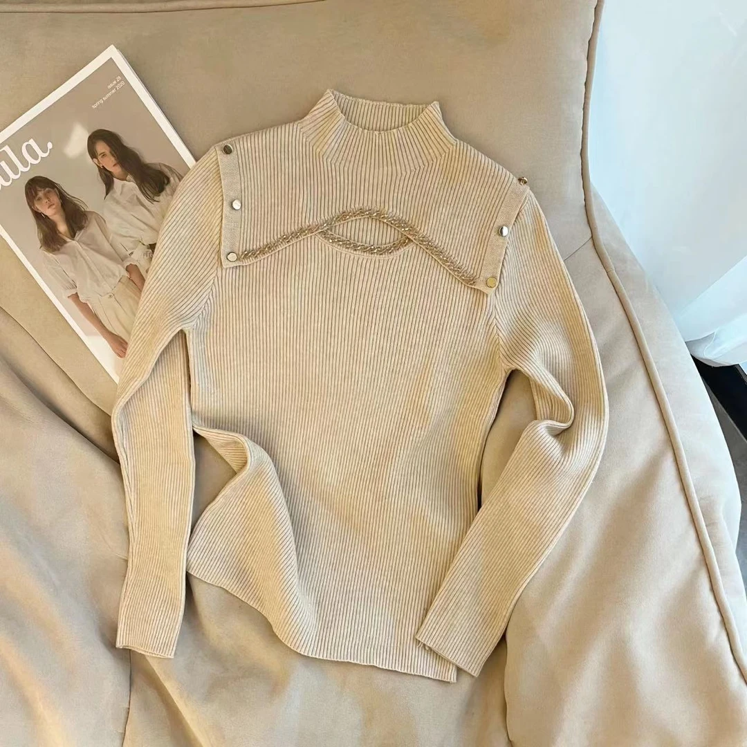 【京妮儿推荐】秋冬针织衫镂空双肩扣半高领打底长袖气质毛衣8206