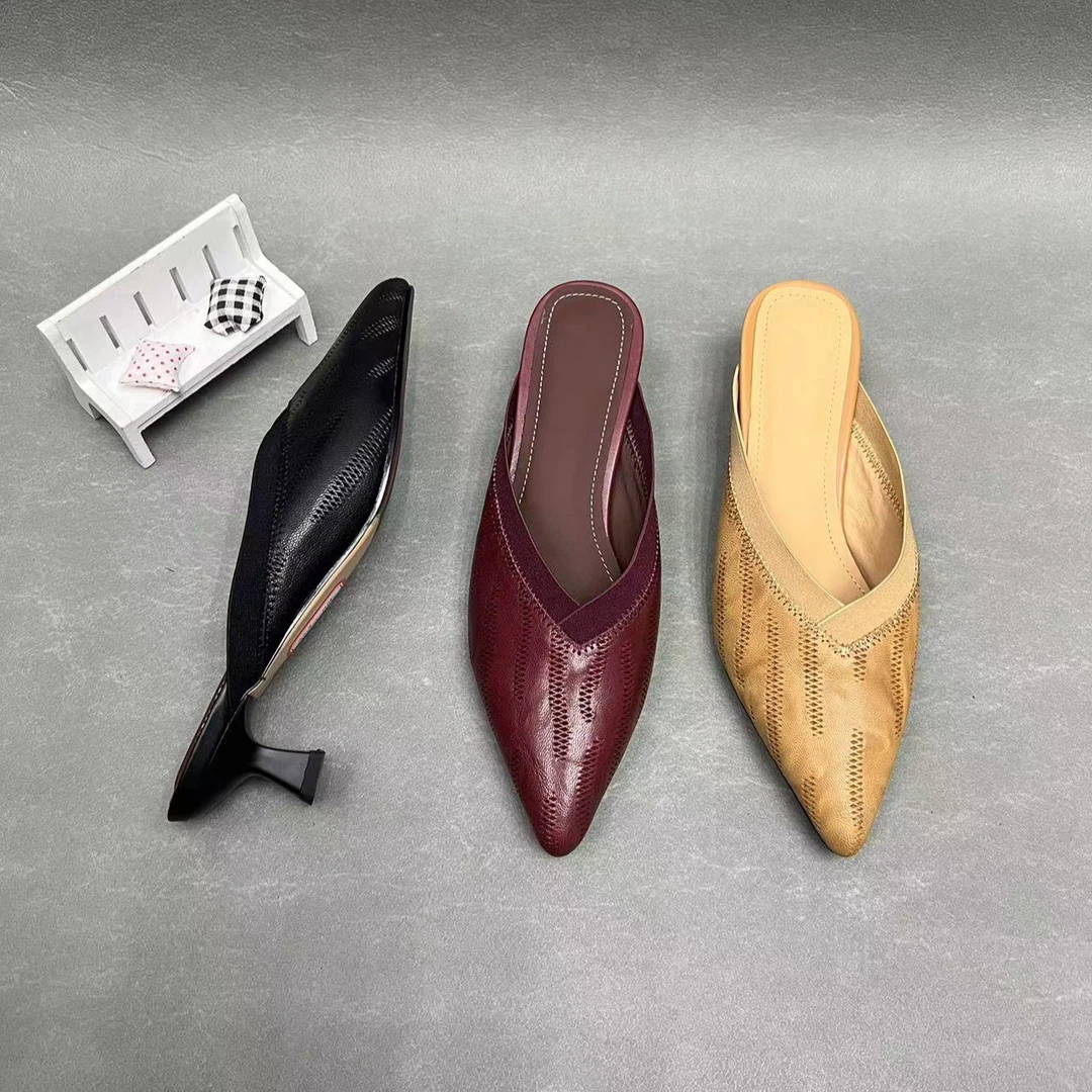 沐木跟高3厘米低跟舒适百搭夏季羊皮包头女士拖鞋外穿气质半拖新