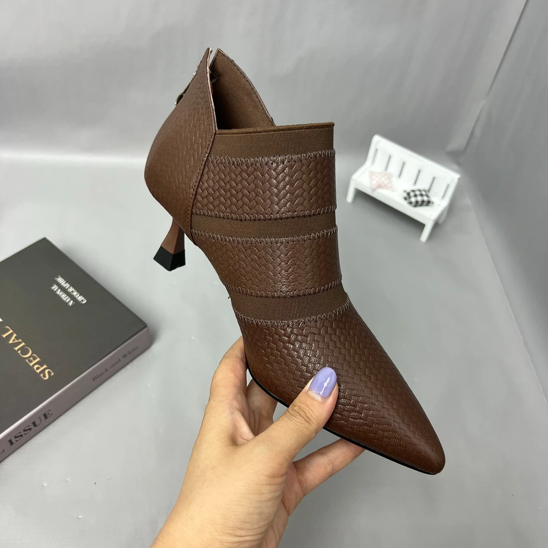 跟高5厘米A292-R765拼接气质时尚高跟百搭真皮羊皮短靴女士皮鞋秋