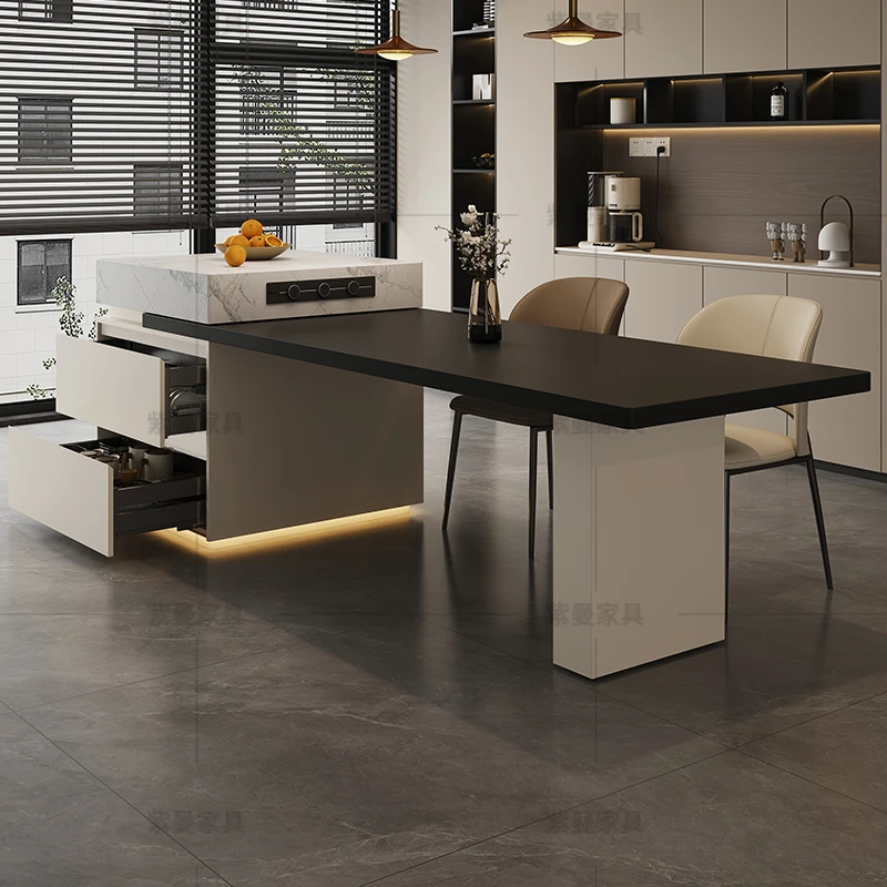 碗篮双抽式抽拉电动伸缩岛台一体餐桌松弛感家用全岩板开放式厨房