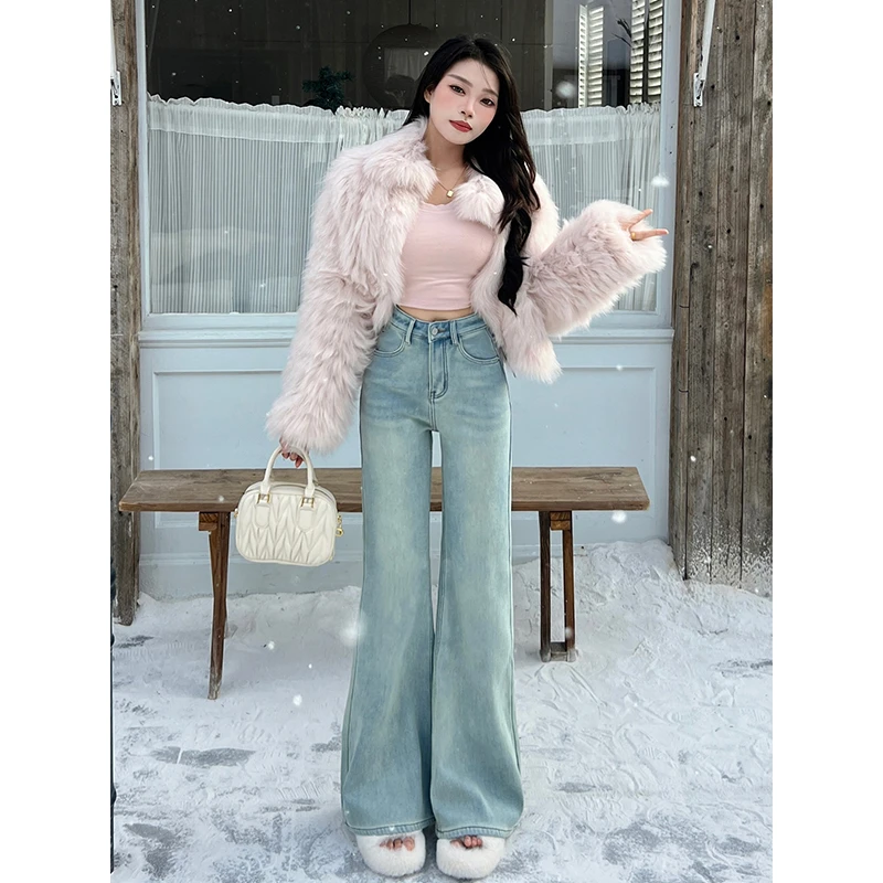 乔栈浅蓝色加绒微喇牛仔裤女款爆款2024冬季新款高腰显瘦阔腿裤子