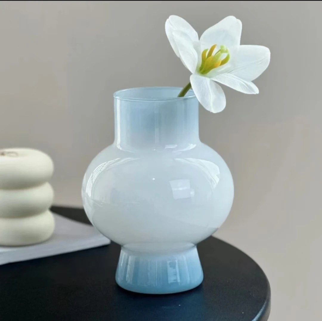 中古芬顿高颜值玻璃花瓶法式in奶玉色客厅插花摆件高级精致感花瓶