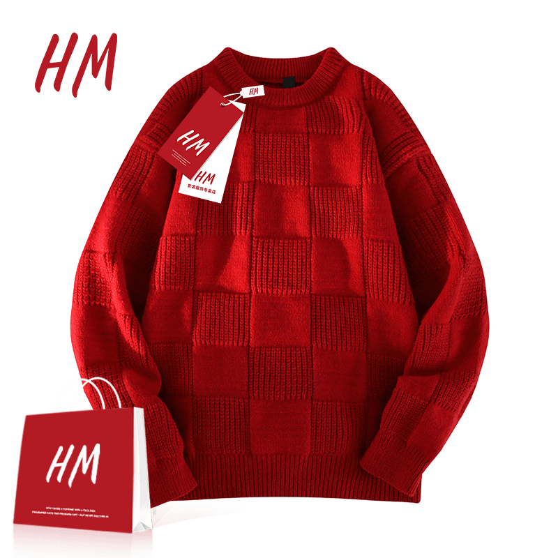 HM毛衣男款冬季新款本命年红色毛衣男女同款红色内搭秋冬针织衫