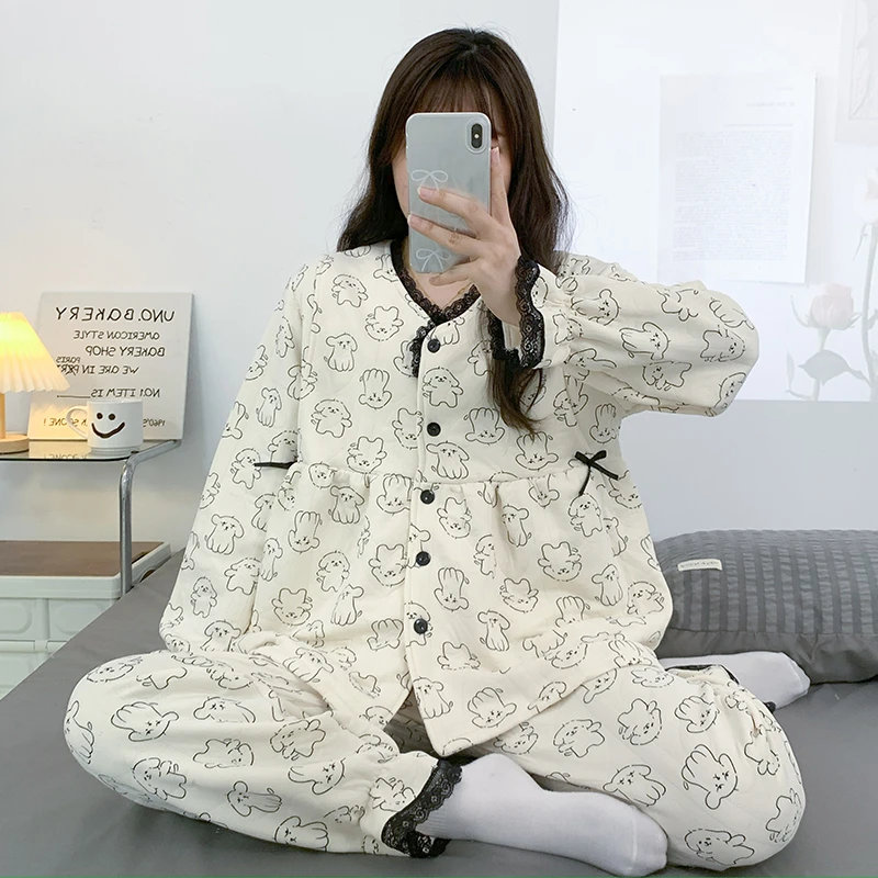 秋冬空气棉孕妇睡衣女产后产妇怀孕期坐月哺乳喂奶夹层月子服套装