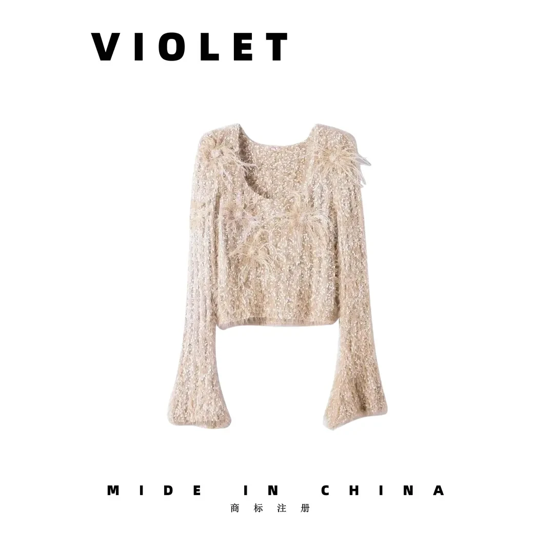 慵懒风软糯毛衣女秋冬毛绒绒短款针织衫上衣F592907