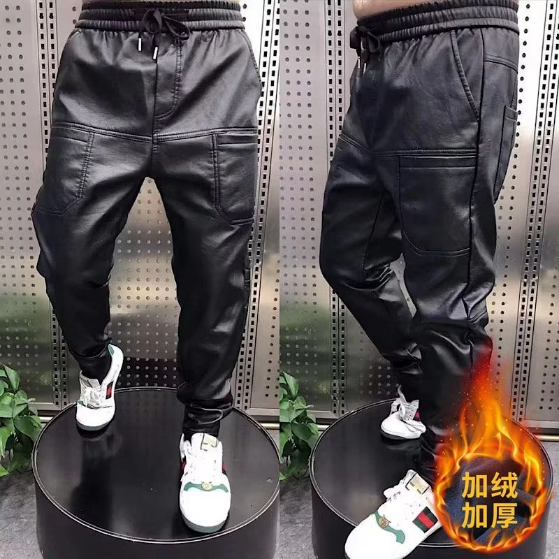 秋冬季纯黑色保暖皮裤男士束脚裤加绒加厚骑行防风小脚休闲裤男