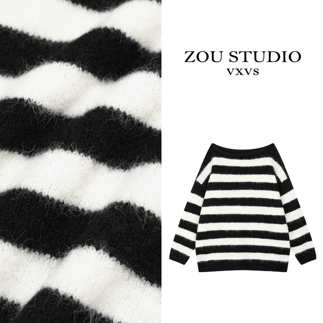 ZOU STUDIO VXVS 熊猫条纹 极简条纹软糯圆领毛衣8010