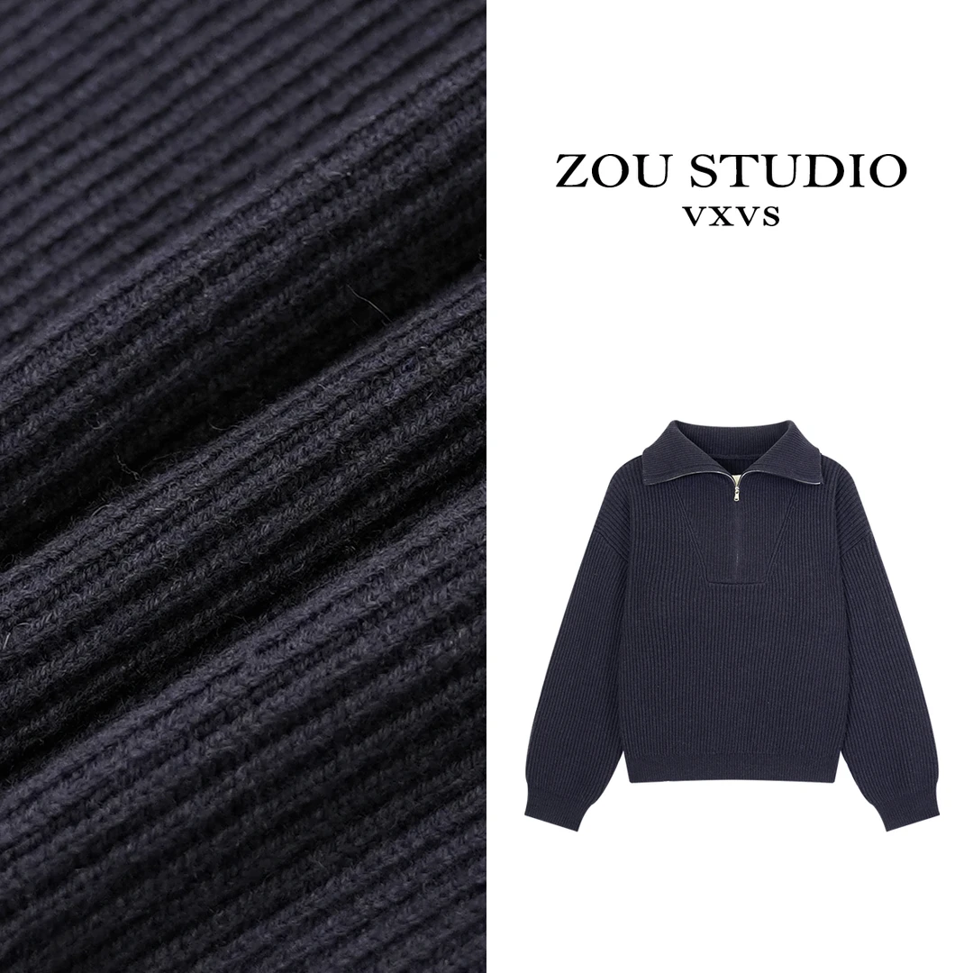 ZOU STUDIO VXVS  马里奥 新款百搭纯色半拉链毛衣34362