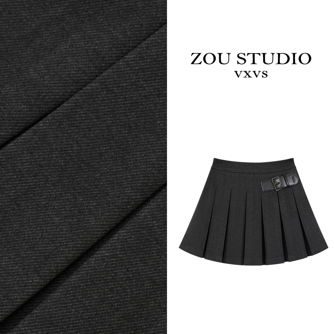 ZOU STUDIO VXVS 海风轻舞 皮扣设计厚款呢子百褶半身裙 25007