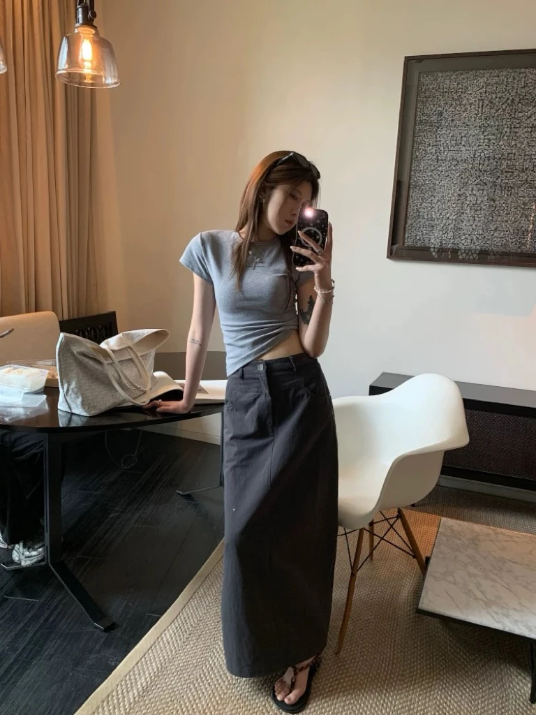 大码简约气质高腰直筒半身裙秋冬牛仔裙