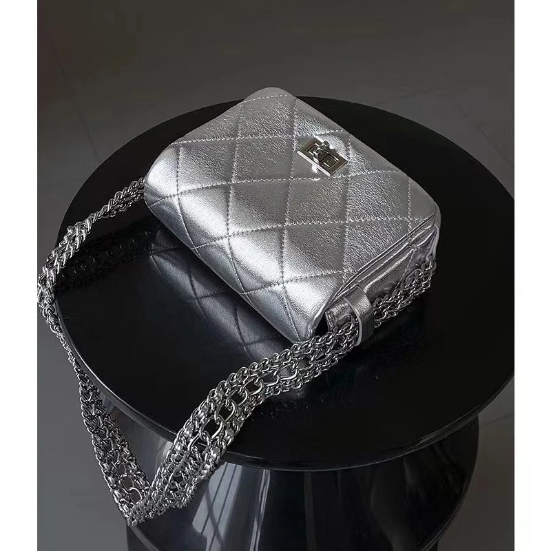 2024新款小香风经典百搭单肩斜挎包时尚黑色银色菱格肩包HF2357