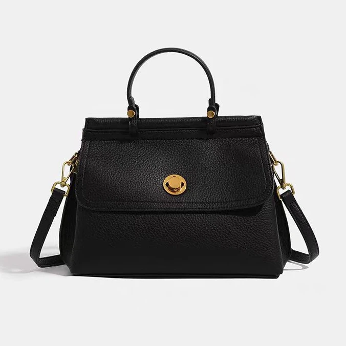 时尚百搭女士黑色经典牛皮单肩包荔枝纹气质轻奢真皮简约手提包女