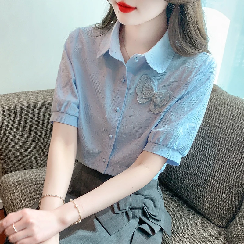 2023夏女装小众韩版提花刺绣时尚百搭薄款上衣短袖衬衫气质职业装