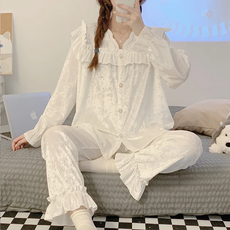 宽松休闲金丝绒睡衣女春秋款长袖网红爆款秋冬季薄款家居服套装