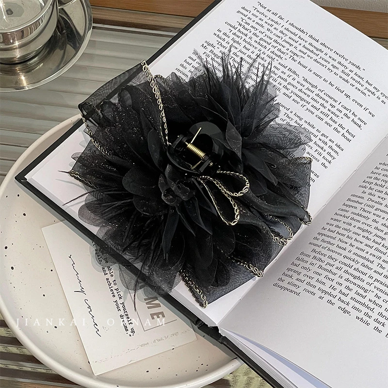 夹大号气质高级感鸵鸟毛发夹法式黑色毛毛夹子头饰ZJ324黑色发卡