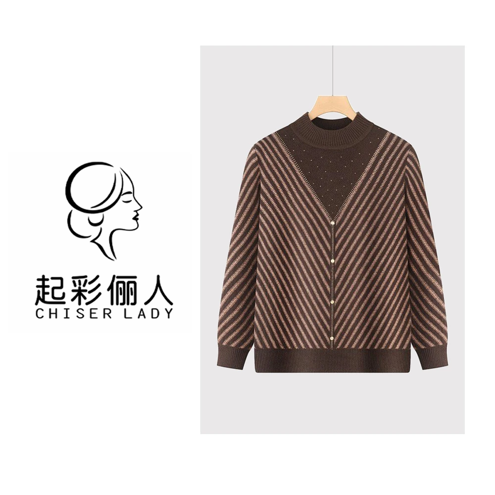 条纹一体绒加厚毛衣冬款洋气半高领妈妈上衣071