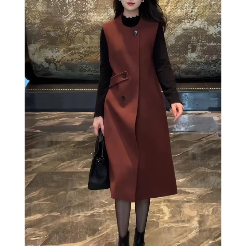 秋冬新款气质百搭轻奢洋气收腰显瘦时尚纯色毛呢中长款背心连衣裙