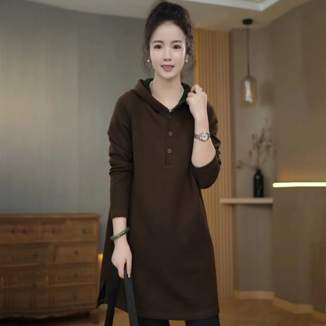 秋冬新款时尚休闲百搭宽松大码加绒加厚扣式连帽卫衣中长款上衣女