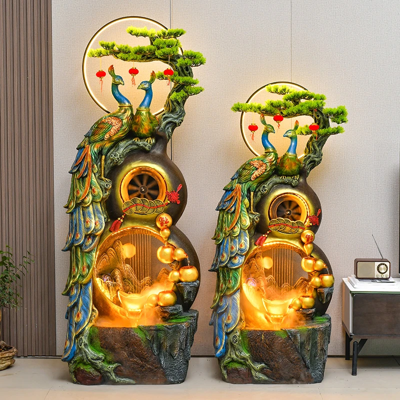 孔雀假山流水喷泉玄关装饰品风水轮招财五福临门客厅乔迁落地摆件