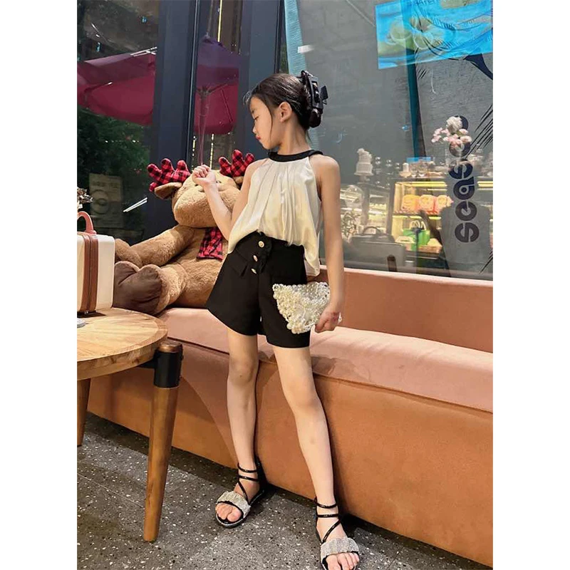 女童套装小众设计清凉夏季女童无袖上衣+短裤套装23707#