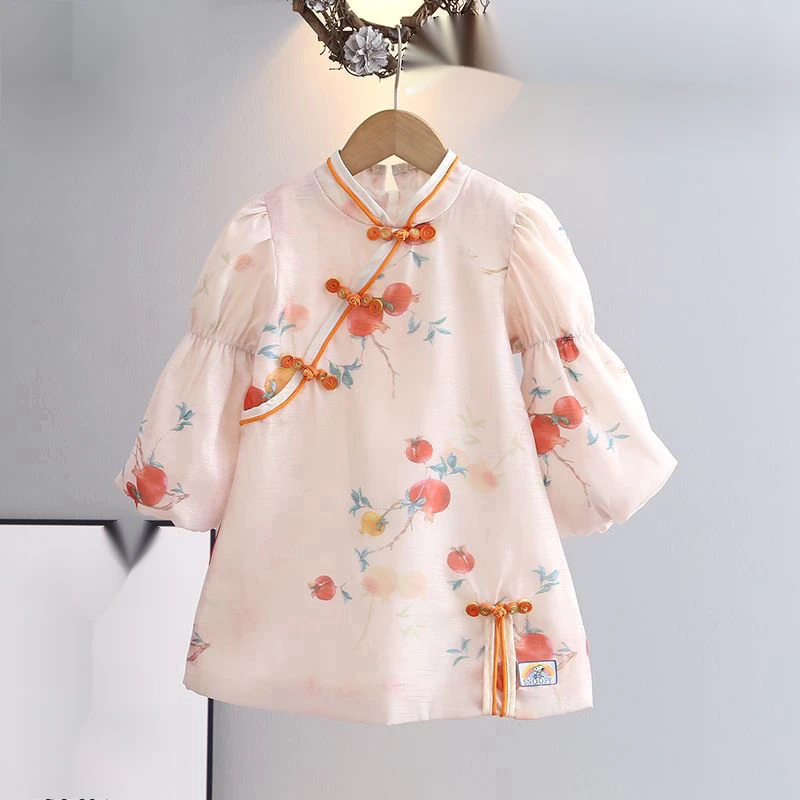 汉服女宝宝旗袍公主裙2023春秋季新款中国风长袖烫染石榴女宝洋气