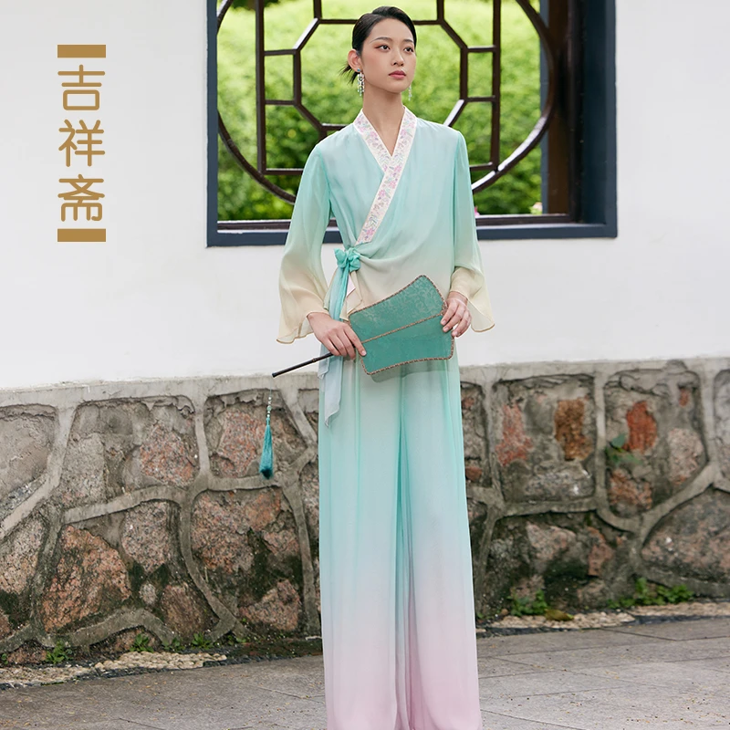 吉祥斋古风女装竹之翠系带上衣长裤大袖套装中国风春夏飘逸