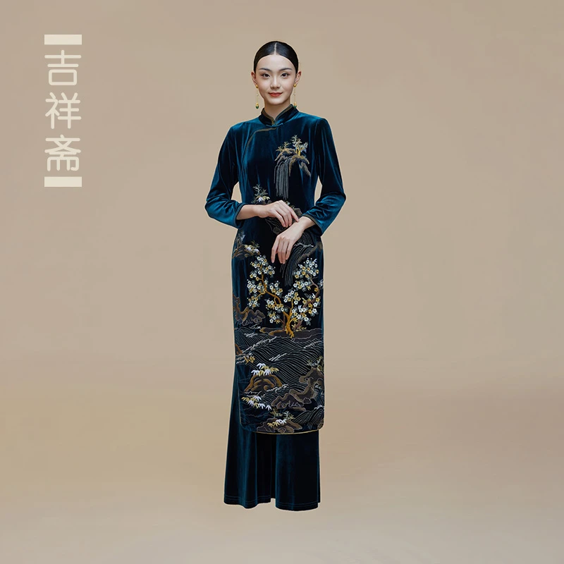 吉祥斋中长款女装蓬莱仙阁喇叭裤立领舞台中式提花