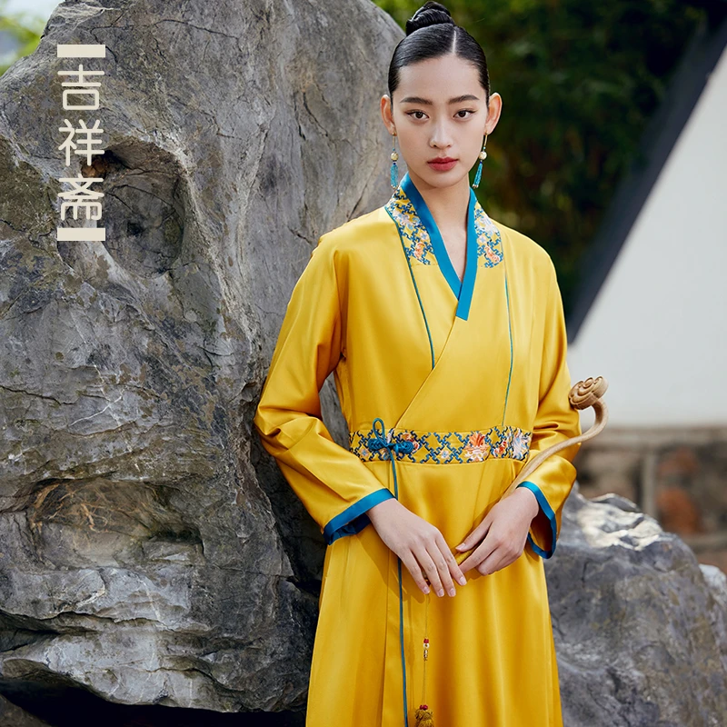 吉祥斋气质女装宽松中国风女士单件桑蚕丝立领汉皇锦系带连衣裙