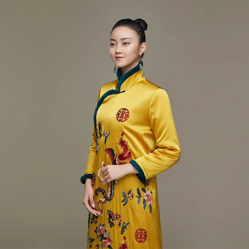 吉祥斋加厚女装女士鸾凤呈祥中式棉衣复古国风服装长款气质中国风