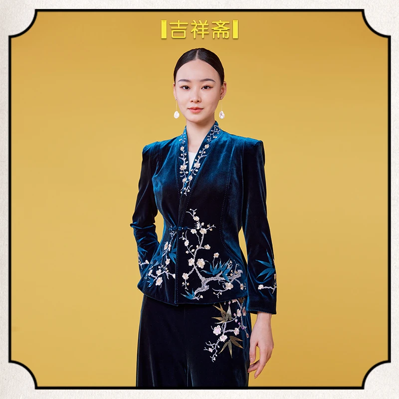 吉祥斋|吉祥斋|梅影竹间收身上衣 丝绒梅竹精工刺绣收身上衣